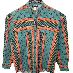 Vintage Banjo Men’s Western Brush Popper Aztec Button Down Shirt Made In USA XL
